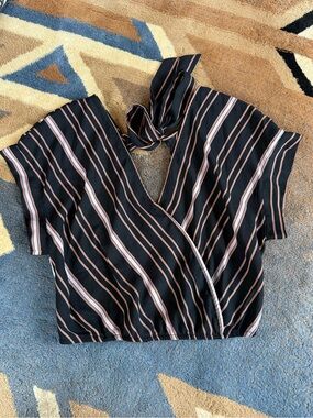 Striped Black Tie-Back V-Neck Crop Top